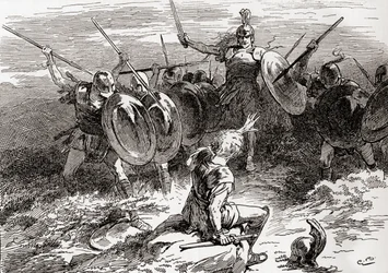 Uma cena de William Shakespeare interpreta Troilo e Cressida, Ato V, Cena 10, Aquiles: Greve, companheiros, greve, esse é o homem que procuro, de Os Trabalhos de William Shakespeare, publicado em 1896 (gravado